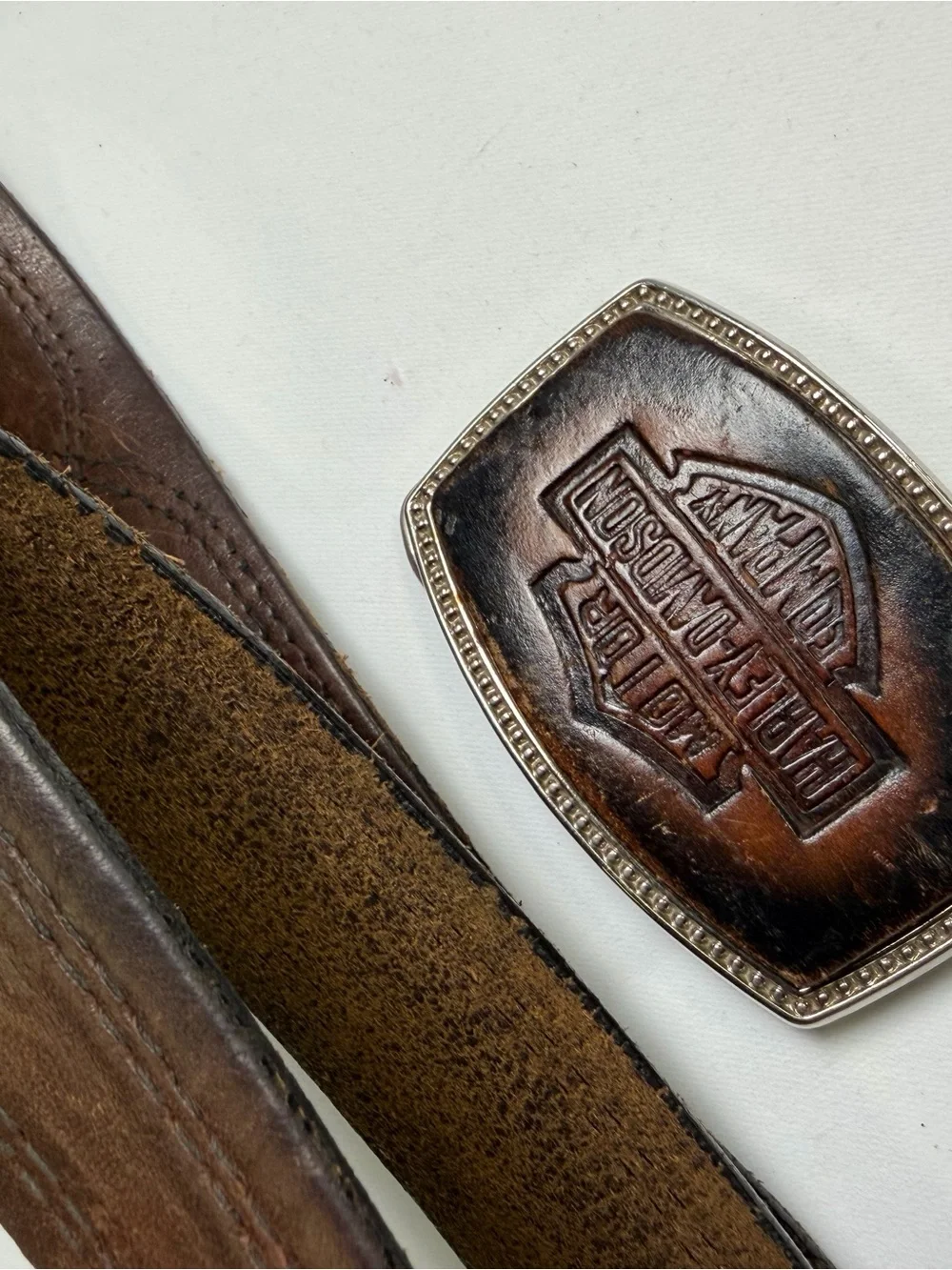 Vintage Harley-Davidson Brown Leather Belt & Detachable Stamped Leather Buckle